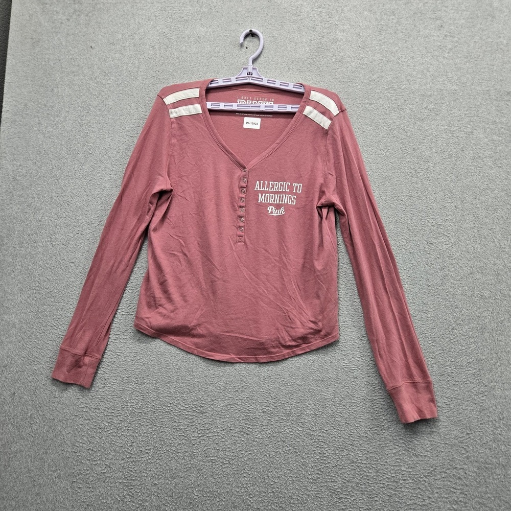 PINK Women Shirt L/G Mauve Henley Cami Babydoll V-Neck Pullover Long Sleeve